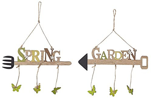 Super Idee 2 Frühlingsdeko Set Hänger Deko aus Holz mit Text Spring Garden Blumen und grüner Schmetterling Frühjahr Deko Fensterdeko Fensterhänger Türhänger Haustür Deko Osterndeko Hauseingang