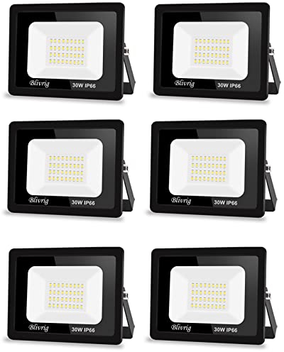 Blivrig 6PCS Foco LED Exterior 30W 3000LM, Luces LED Exterior Blanco Frío 6000K, Foco Proyector LED, Luz de Seguridad Impermeable IP66, Proyector LED Exterior para Jardín,Patio,Parque, Garaje