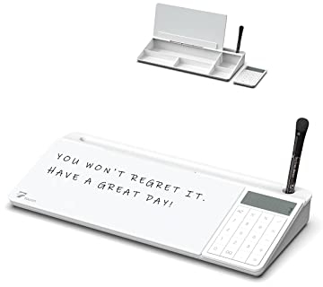 TOWON Pizarra blanca de cristal de escritorio con calculadora básica, pantalla LCD de 12 dígitos, organizadores de escritorio con accesorios para oficina, hogar, suministros escolares, almacenamiento