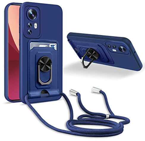 JMstore Coque Cordon de Collier Compatible avec Xiaomi Mi 12 Pro, 360°Anneau Support avec Fente Carte Protection de la caméra Silicone Case-Bleu