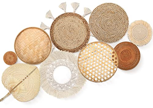9er Set Wandkorb Dekor Boho Wandbehang Dekor Rattan Wanddekor Flach Rund Weide Gewebte Makramee Quasten Tapisserie Bambus Wandkorb Serviertablett Kunst Handgefertigt Set für Zimmer Schlafzimmer