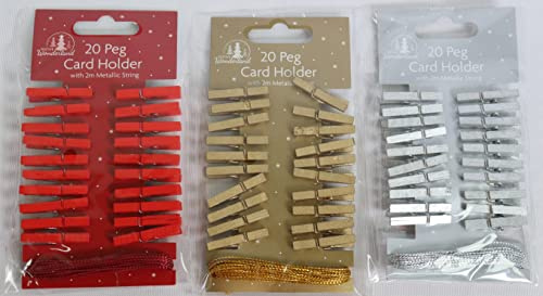 Tallon International Pack of 20 Wooden Peg Christmas Card Holders With Metallic String Festive Colours Card Decoration