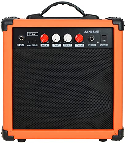 3rd Avenue 15W Guitar Practice Amplifier with Headphone Output, Overdrive Switch, 2 Band EQ, Tone/Gain Controls – Portable Compact – Orange