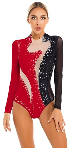 Mufeng Damen Turnanzug Langarm Gymnastikanzug mit Strass Glitzer Tanzbody Akrobatik Anzug Ballettbody Training Wettkampf Tanzkleidung Aa Schwarz & Rot M