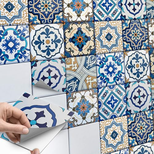 10 Stück Fliesenaufkleber, Klebefliesen 15x15 cm für Küche und Bad - Fliesenfolie, Mosaikfliesen selbstklebend - SET // Design: Lisboa Azulejos