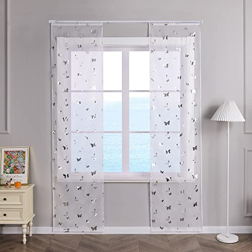 ESLIR 2er Set Flächenvorhänge Schiebegardinen Transparent Gardinen mit Klettband Schiebevorhang Weiß Vorhang Wohnzimmer Modern Silber BxH 57x175cm 2 Stück