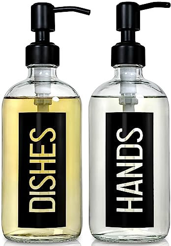 JASAI Lot de 2 distributeurs de Savon en Verre de 532 ML, Pompe en Acier Inoxydable, Distributeur de Cuisine avec étiquette Chic, Rechargeable pour Vaisselle