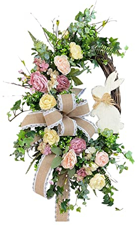 Kränze Osterhasen,Frühlingsdeko Haustür Kranz Osterkranz Mit Hase Osterhasenkranz Ostern Deko Sommer Blumen Kränze Türkranz Bauernhaus Dekorationen Frühlingskranz Zubehör (A, 50cm)