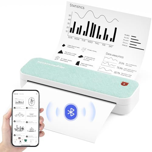 MUNBYN Bluetooth Mobiler Drucker A4 für Unterwegs, Mini Drucker A4, 2600 mAh thermodrucker a4, Drucker für Handy, Inkless Printer für Unterwegs Hause iOS Android Grün