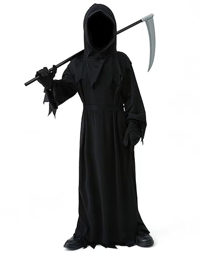 YIMOJOY Halloween Kostüm Gruselig Sensenmann Kostüm Kinder mit Sense,Masken,Handschuhe - Kinderkostüm Sensenmann Jungen Reaper Halloween Kostüm für Kinder Karnevals Cosplay(L:10–12 Jahre)