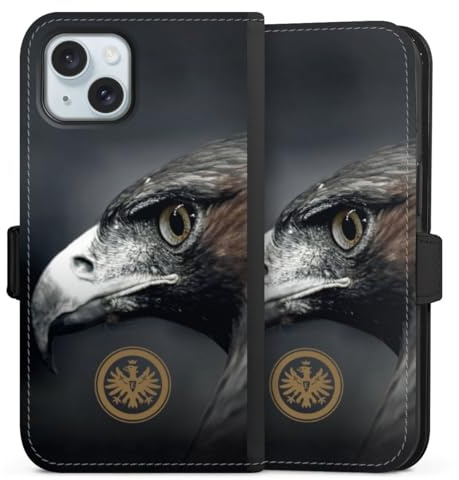 Klapphülle kompatibel mit Apple iPhone 15 Handyhülle aus Kunst Leder schwarz Flip Case Eintracht Frankfurt Offizielles Lizenzprodukt Adler