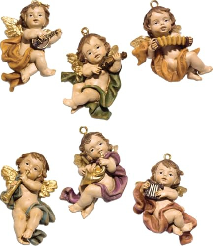 FADEDA 6X Engel hängend musizierend/Höhe:6 cm/handbemalt/detailgetreue Krippen Figuren - Weihnachten Tisch Dekoration Krippe Zubehör