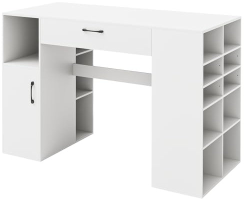 Multigot Sewing Table, 135cm Large Craft Table with 14 Open Compartments, Adjustable Shelf, Drawer & Cabinet, Counter Height Sewing Machine Workstation Drafting Computer Desk for Home Office