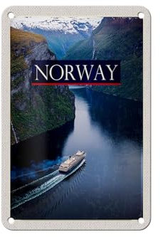 FEMER Blechschild Reise 12x18cm Norwegen Kreuzfahrt Reise Meer Gebirge Schild
