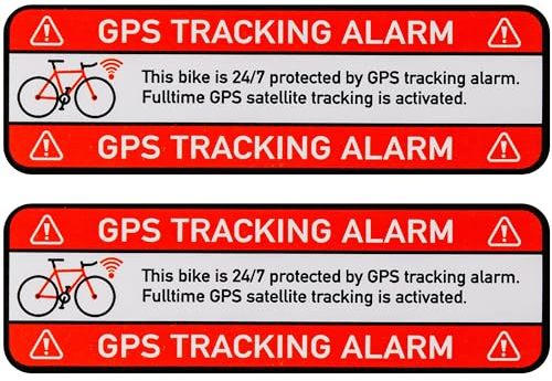 Aufkleber Set BIKE GPS TRACKING ALARM!, 2 Stück, 67 x 21 mm, selbstklebende Folie, außenklebend, Fahrrad Warnhinweis Sticker für Außenbereich, Diebstahlschutz Zweirad, Klebesticker alarmgesichert