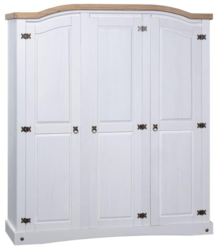 Gecheer Kleiderschrank Mexiko-Stil Kiefernholz 3 Türen Kiefer Garderobenschrank Schlafzimmerschrank Dielenschrank Weiß