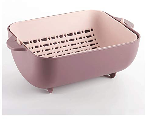 SMBAOFUL Scolapasta da Cucina Girevole 2 in 1 e Ciotola con Filtro - Bacinella Rimovibile a Doppio Strato per il Lavaggio Efficace di Frutta e Verdura - Multifunzionale ed Elegante (Rosa)
