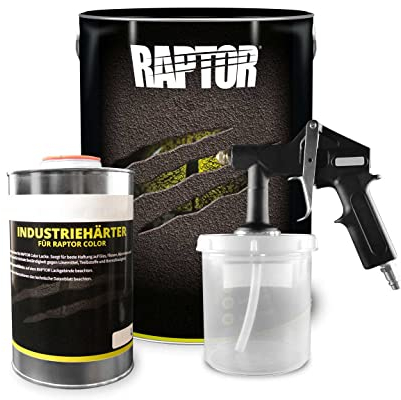 U-POL RAPTOR 2K Lack Gebinde-Set mit Lackierpistole Schwarz (3L Lack + 1L Härter) - uv-beständige strukturierte KFZ, LKW, Boot & Campervan Beschichtung