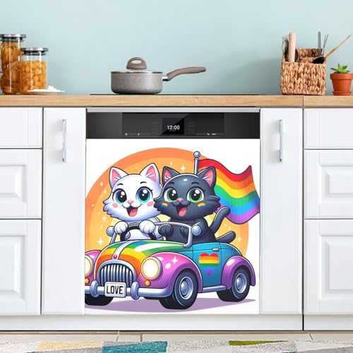 Magnetische Abdeckung für Geschirrspüler, LGBT Pride Day Cats Driving Car Geschirrspüler Frontplatte Abdeckungen Geschirrspüler Aufkleber 58,4 x 66 cm
