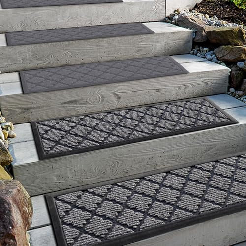 Aucuda 2er Set Stufenmatte Außen aus Gummi, 76 x 22 cm Wetterfeste & rutschfeste Treppenstufen Matten, Anti-Rutsch Wärmedämmung Gummimatten für Outdoor, Antirutschmatten Graue Gitter Treppenmatte.