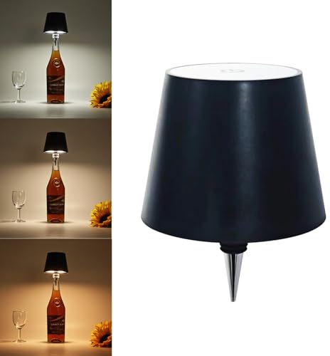 Xugenxes LED Wireless Bottle Light, 2024 New 3 Color Stepless Dimming Wine Bottle Lamp, Rechargeable Touch Wireless Wine Bottle Lamp for Living Room Home Decor (Black)