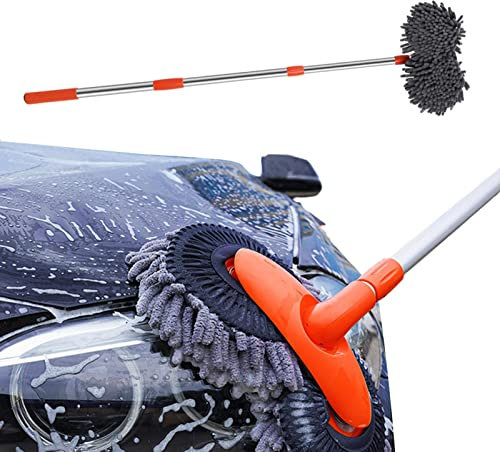 Moreeulsi Mopa de lavado de coche de doble cabezal de 80 135 cm con mango largo ajustable, cepillo suave de 360 cabezales giratorios para lavado de coche, cepillo de microfibra para limpieza de