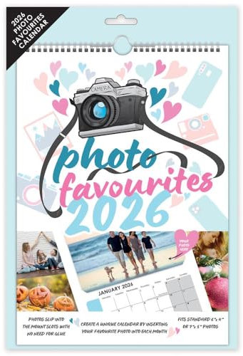 Sixstore Calendario 2026 con fotos favoritas, inserta tus propias fotos, tamaño A4, encuadernado en espiral, planificador para colgar, planificador familiar con vista mensual, calendario de fotos