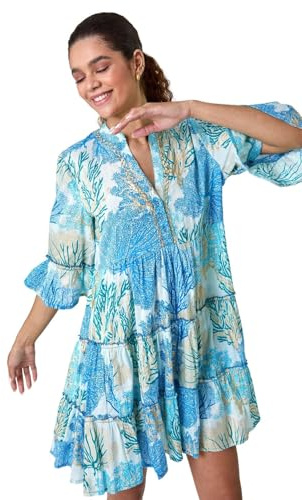 Roman Originals Smock Dress for Women UK Ladies Cotton Summer Embroidered Frilled Tiered Casual Beach Cruise Holiday Cocktail Party 3/4 Sleeve Pull On Gathered Skirt - Blue Multi - Size 14