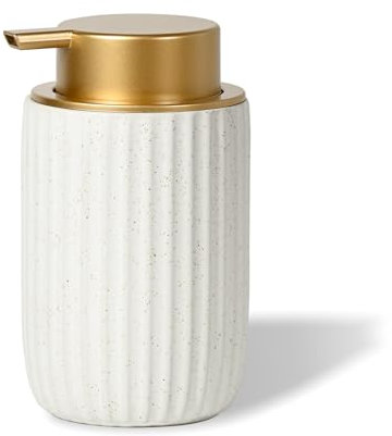 Speckled Matte White Ceramic Foam Soap Dispenser, 12 oz Refillable Pump with Golden Top, Elegant Foaming Dispenser for Bathroom or Kitchen, Speckled White