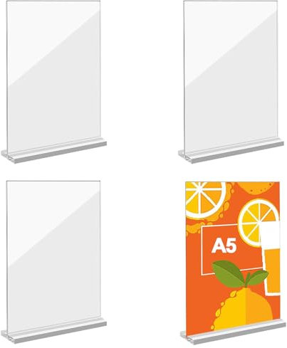 Expositor de Acrílico,Porta Letreros Acrílico A5, Pack de 4 Soportes de Mesa, Soportes de Mesa Acrílicos, Soportes Publicitarios para Restaurantes, Menús, Documentos, Oficina