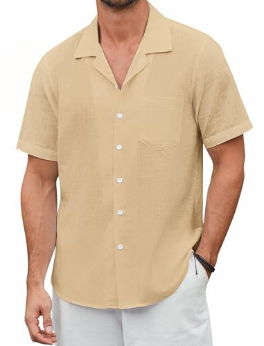 Enlision Short Sleeve Shirts for Men Beige Linen Casual Lightweight Button Down Shirt with Pocket for Summer Beach L