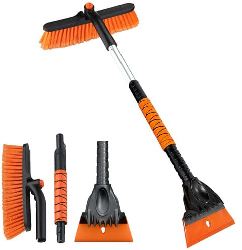 Eiskratzer Auto mit Besen Schneebesen Reinigungsbürste Auto Winter Teleskop Zubehör Scheibenkratzer mit Schaumstoffgriff 180 ° Drehbarer Bürstenkopf für Auto SUV Windschutzscheibe (Orange Farbe)