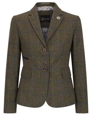 TruClothing Blazer da Donna in Tweed Misto Lana a Spina di Pesce a Quadri, Vestibilità Sartoriale, Giacca Country, Oliva, 42