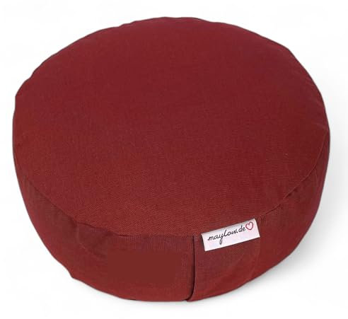 maylow Yoga mit Herz® Meditationskissen BASIC Ø33 cm H15 cm – Stickerei Namasté – Bezug waschbar – Innenkissen mit Buchweizenschalen – personalisierbar – buddhistisch rot uni