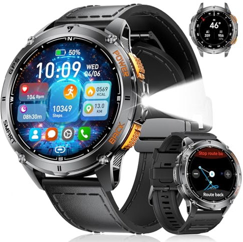 LIGE Smartwatch GPS Herren mit LED Taschenlampe 1.43″AMOLED mit Telefonfunktion 600 mAh Batterie Männer Smartwatch für iOS Android,Schrittzähler/Schlafmonitor/Kompass,170 Sportmodi,Schwarz