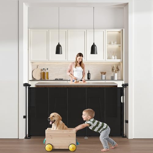 VEVOR Retractable Baby Gate, 870 mm Tall, Extends up to 1400 mm Wide, Retractable Gate for Kids or Pets, Mesh Material, Easy to Install for Indoor Stairs, Doorways, Hallways, Playrooms, Black