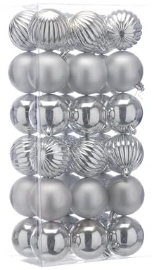 Festive Productions Christmas Tree Baubles – 36 x 6 cm Mixed Finish in Silver – Shiny, Matt & Pumpkin Hanging Ornaments – Shatterproof Christmas Tree Decorations for Medium & Large Trees