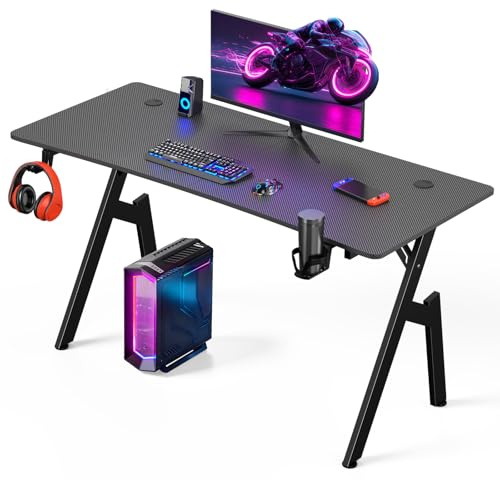 Warmiehomy Gaming Desk 140 x 60cm, Computer Desk with Headphone Hook, Black | Computer Desk with Cup Holder and Mouse Pad. A-Shaped Gaming Table for Home Office, Bedroom.