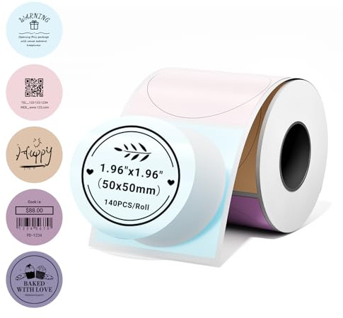Phomemo M110 Runde Etiketten Selbstklebende Bunte Farben, 50x50mm, 140 PCS | Phomemo Runde Selbstklebende Thermodirekt Etiketten für M110/M220/M108/M221/M120, für Schule, Heim, Büro, Bunte Farben