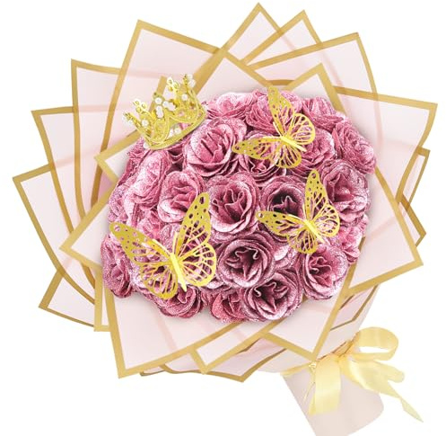 24Pcs Glitter Roses Bouquet, DIY Artificial Red Rose Bouquet with Crown and Butterfly,Glitter Flowers Artificial Bouquet,Preserved Flowers for Gifts Valentine's Day,Christmas,Anniversary,Birthday,Pink