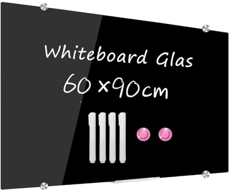 DEVELOP Schwarzes Glas-Whiteboard | 60x90 cm | Rahmenlose, gehärtete Glasoberfläche in Matt-Schwarz | Inkl. 4 weiße Boardmarker, Mikrofasertuch, 2 Starkmagnete & Montageset