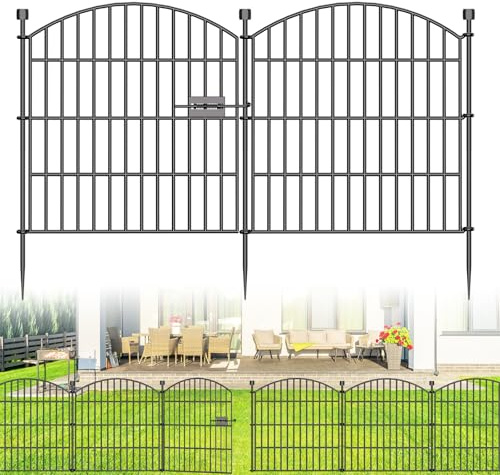 No Dig Decorative Garden Fence with Gate 61cm (H) x 6.1m (L) Dog Barrier | 10 Panel Rustproof welded Metal with deep stakes for outdoor yards, patios. Modular design contains rabbits, small animals.