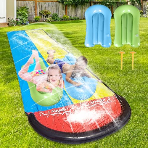 Afenau Wasserrutsche Garten, 6,1 x 1,4M Double Wasserrutsches mit 2 Bodyboards, Wasserrutschbahn Garten, Rasen Wasserrutsche Rutschmatte mit Sprinkler, Wasser Rutschbahn, Wasserrutschmatte für Rasen