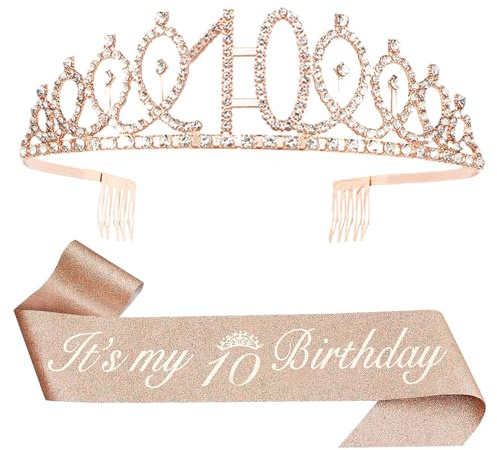 10. Geburtstag Mädchen Krone – 10 Jahre Kristall & Schärpe Deko Set | Geburtstagskrone Tiara mit Haarschmuck, Verstellbarer Geburtstagsdeko, It's My 10 Birthday Girl, Party Accessoires Rosegold