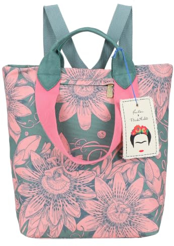 Fritzi x Frida Kahlo Ju Limited Bloom Green Rucksack Damen Canvas Reißverschluss Innenfach Steckfächer verstellbare Schulterriemen Kurzgriff Alltag Reisen Freizeit 28,5 x 35,5 x 11,5 cm, Grünrosa