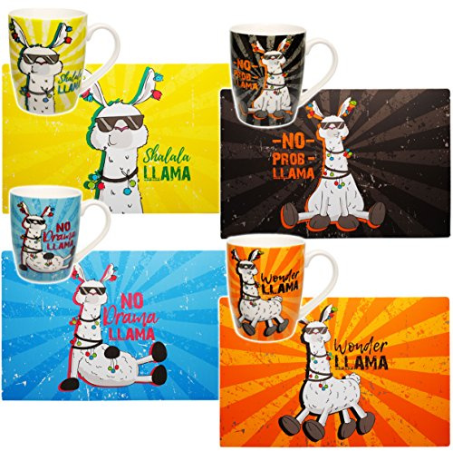 alles-meine.de GmbH 2 TLG. Set Henkeltasse/Kaffeetasse + Platzdeckchen - lustiges Lama/Alpaka - Shalalala Llama - Motiv - Mix - Unterlage/Eßunterlage - Teetasse - gro..