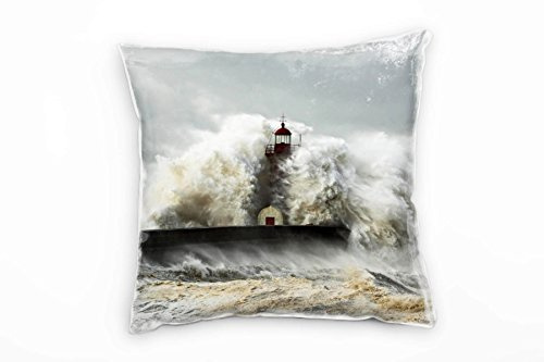 Paul Sinus Art Meer, braun, grau, große Wellen, Leuchtturm Deko Kissen 40x40cm für Couch Sofa Lounge Zierkissen - Dekoration zum Wohlfühlen