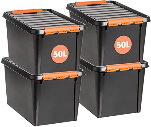 SmartStore - Lot de 4 Grandes Boîtes de Rangement Garage Solides - Robuste Résistante aux Chocs et aux Fortes Variations de Température - Pro 49 L - Plastique - Noir - 59 x 39 x 34 cm - 49 l