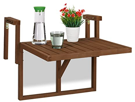 Relaxdays Tavolino Pieghevole per Balcone, da Appendere, Regolabile in Altezza, Salvaspazio, HxL 60x45 cm, Marrone Scuro