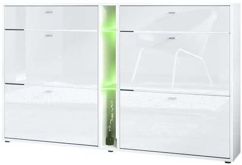 Vladon Schuhschrank Schuhkipper Today 155,5 x 95 x 28 cm, mit RGB LED Beleuchtung, Made in Germany, Korpus in Weiß matt, Fronten in Weiß Hochglanz